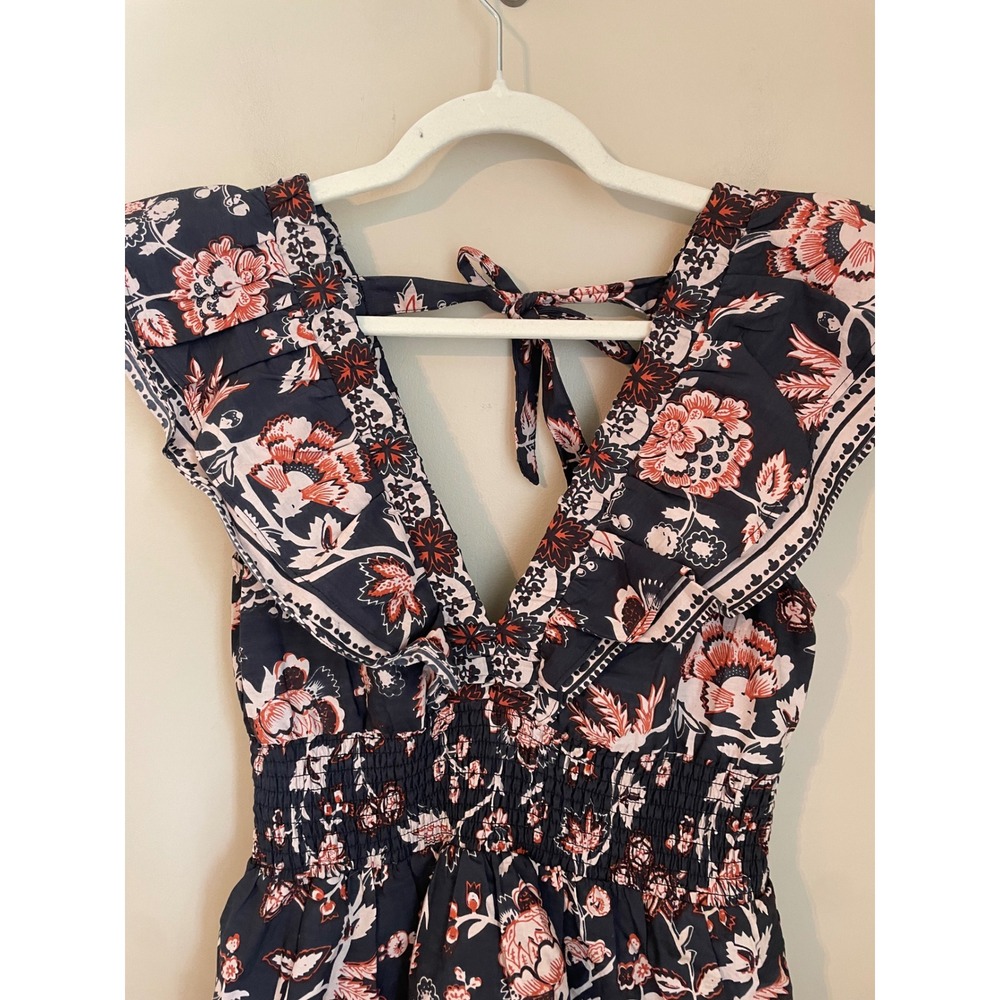 Caroline Constas Size S Floral Cotton Smocked Tiered Mini Dress Black Rust - Picture 9 of 10